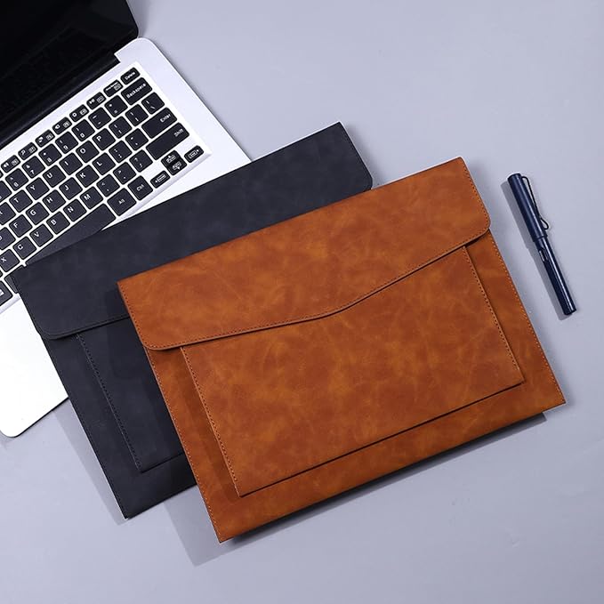 PU Leather A4 File Folder Document Holder with 2 Compartments Envelope Folder Case with Snap Closure for Receipt Contract (Black)