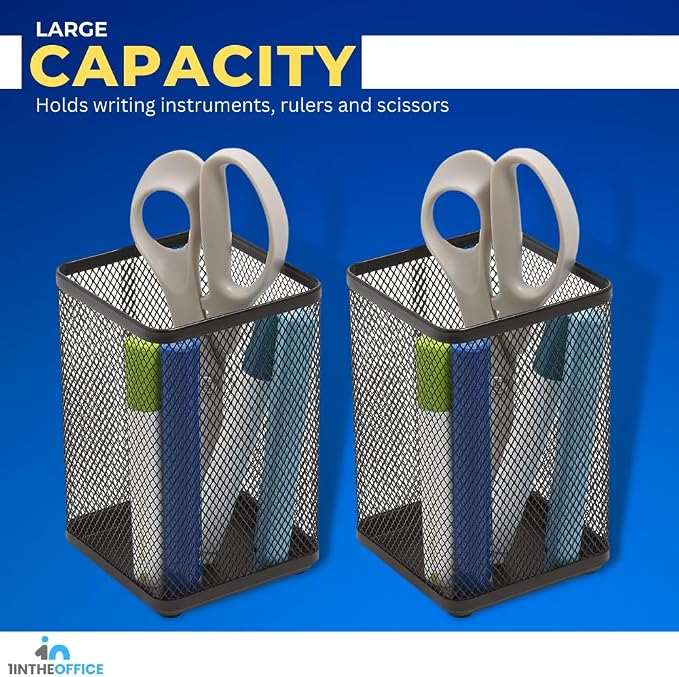 1InTheOffice Pencil Cups for Desk, Jumbo Pencil Holder, Stackable Wire Mesh Jumbo Pencil Holder, Matte Black 2 pack