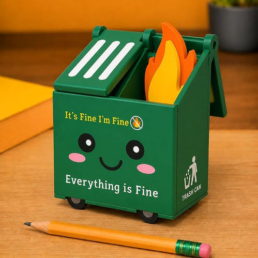 Desk Dumpster Fire Pen Holder – Everything’s Fine Funny Office Desk Decor, Mini Trash Can Pencil Holder Organizer with Flame Note Cards, Stress Relief White Elephant Gag Gift for Coworker