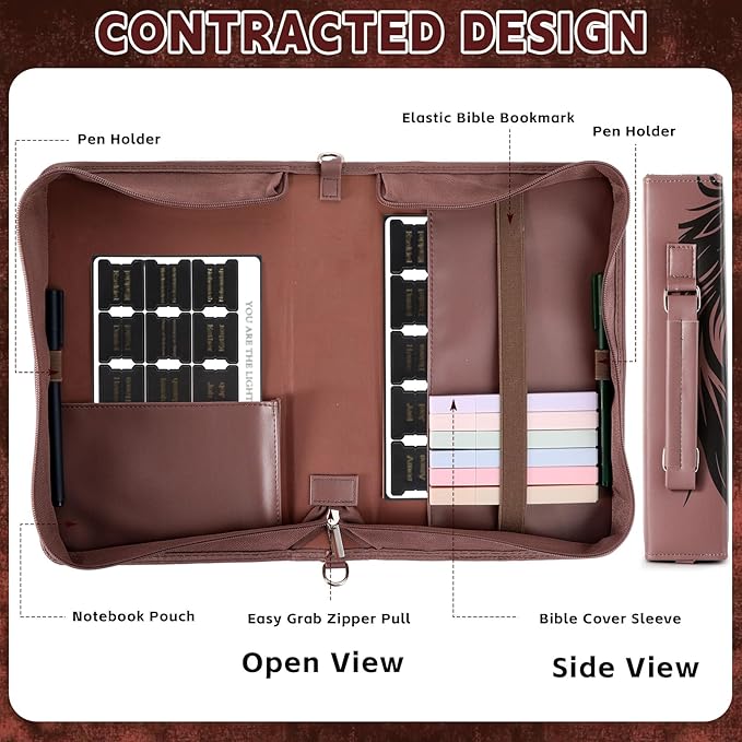 19PCS The Lord is My Strength Lion Leather Bible Cover for Men Bible Cover Cases for Mens Christian Gift Carrying Bag Journaling Kit with Shoulder Strap Highlighter Pens & Book Marker Study Supplies