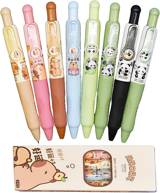 Maydahui 8 Pcs Cute Mini Capybara and Panda Pens Changeable Images Retractable Short Small Pocket Size Kawaii Animal Style Black Ink for Purse Notebook Shcool Office Supplies