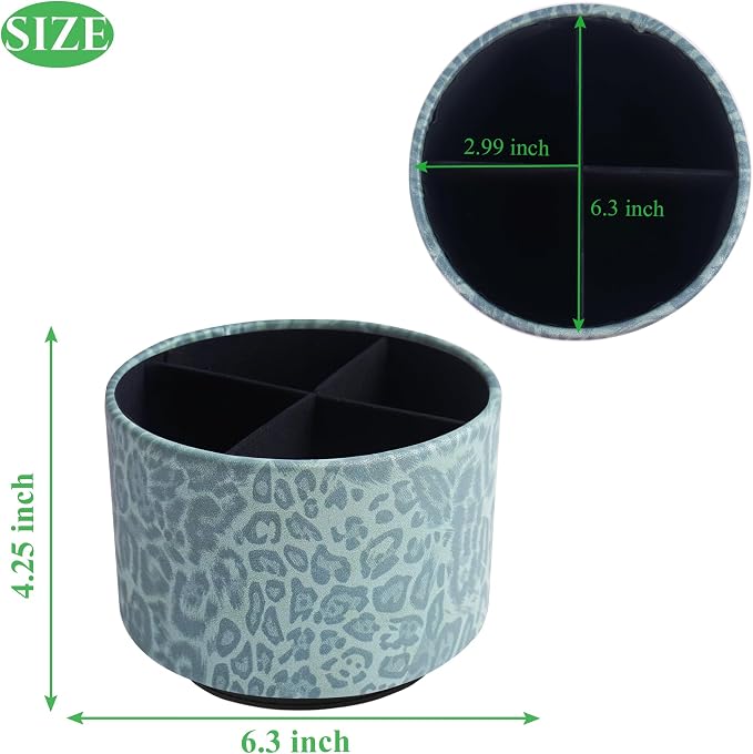 Round Leather Art Supply Organizer,Remote Control Holder,360 Degree Rotating,Multi-Functional Pencil Holder,4 Compartments Desktop Stationary Organizer(1-Leopard Green)