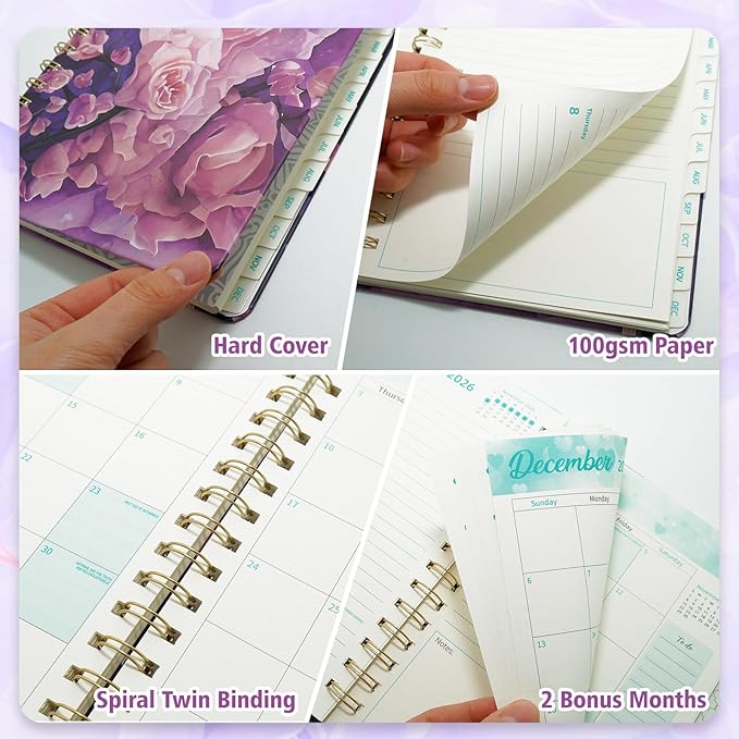 2026 Planner, Weekly and Monthly Calendar Planner for Women, Jan 2026 - Dec 2026, Hardcover Planning Agenda book with Tabs, Spiral Bound, Inner Pocket, Perfect for School Office Supplies, 8.4" x 6.3" (Purple)