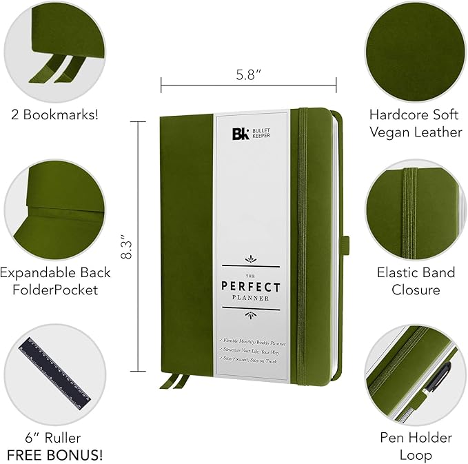 BK UNDATED Yearly Weekly/Monthly Planner 2026-27 Daily Planner Agenda & Personal Organizer to Increase Productivity, Academic Planner w/Sticker Set. A5 (5.8 x 8.3) - Green Hardcover