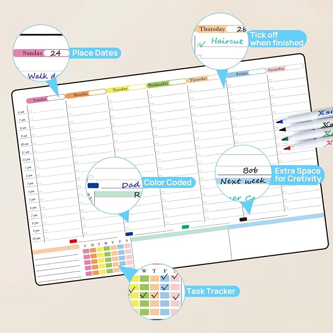 POPRUN Weekly Dry Erase Calendar 23.6" × 15.7", Non Magnetic Self Adhesive Planning Board with Time Slots for Wall Glass Wood Home Office