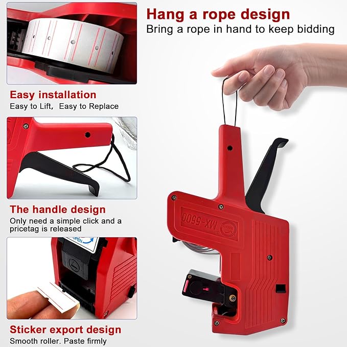 MX-5500 1 Line Labels Price Gun Kit Extra Ink Rollers Refill for Office with 4000 Price Gun Labels Ideal for Retail Grocery Shop（Red）