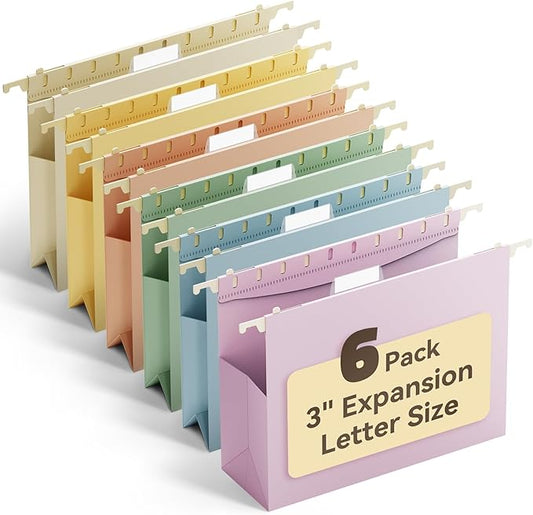 Ansook Hanging File Folders, 6 Pack Letter Size 3" Hanging File Folders with 1/5-Cut Tabs, Plastic Hanging Folders for Filing Cabinet, Expandable File Folder Organizer for Bulky Files, Medical Charts