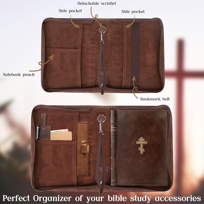 Bible Covers for Women & Men, Leather Bible Case with Rose Bookmark, Bible Supplies Carrying Bag Tote with Strap, Personalized Gift for Study, Journaling, Church-Dark Brown