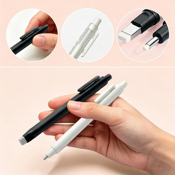 4 Pack Retractable Mechanical Eraser Pen Set (2 Black, 2 White) with 20 Refills (10 Rectangular,10 Round Tips), Precision Erasers for Artists Drawing, Office & Students