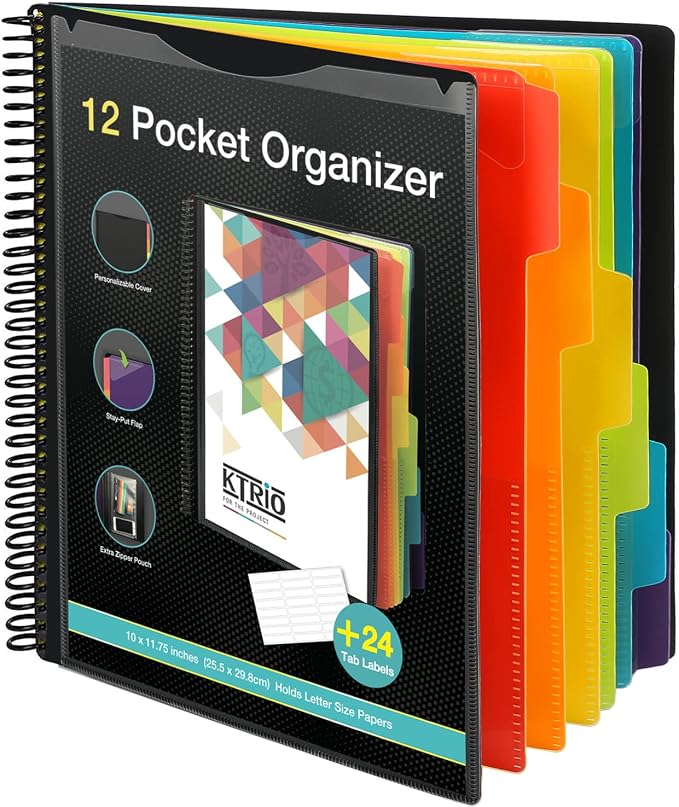 KTRIO 12 Pocket Project Organizer, Letter Size Spiral Binder,Black | 12 Pocket Storage,Letter Size Fit,Water-Resistant Poly,Zip Pouch Included,Writable Color Tabs