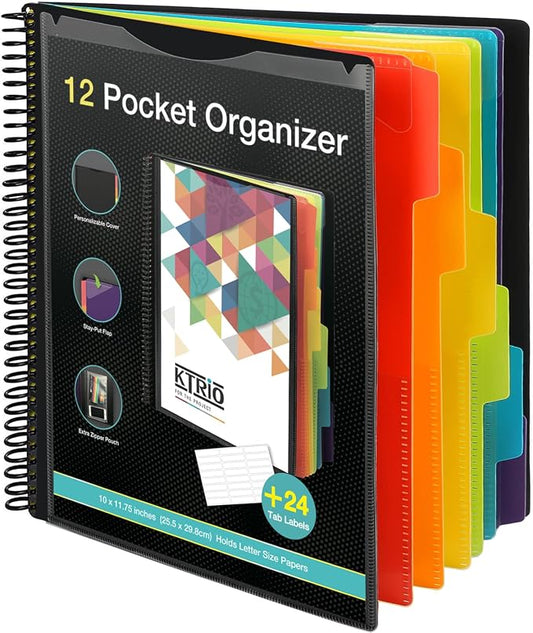KTRIO 12 Pocket Project Organizer, Letter Size Spiral Binder,Black | 12 Pocket Storage,Letter Size Fit,Water-Resistant Poly,Zip Pouch Included,Writable Color Tabs