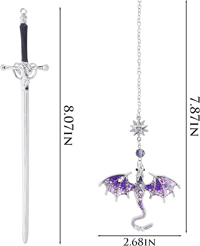 Fantasy Fourth Wing Bookmark - Cool Sward Dragon Book Mark Unique Vintage Tassel Metal Pendant Antique Silver Purple Page Markers Reading Lovers Women Men Teachers Birthday Christmas Gifts