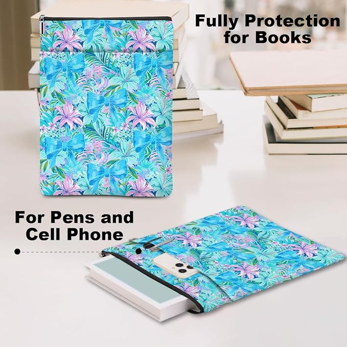 Book Sleeve Book Lovers Gifts Waterproof Books Pouch Protector with Zipper & Pocket Gifts for Women Girls Bookworm Teacher Reader Librarian Birthday Friendship Christmas, Purple Floral Bow Decor