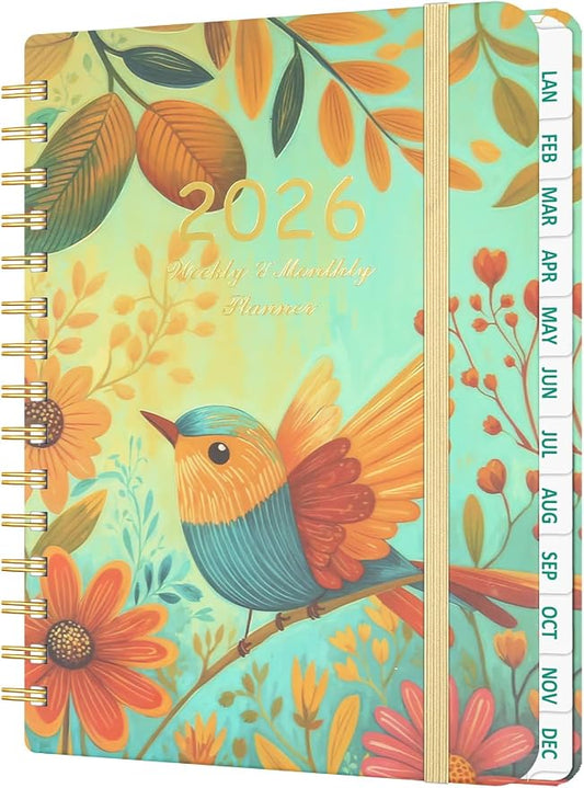 2026 Weekly and Monthly Planner - 2026 Hardcover Calendar Planner, Jan. 2026 - Dec. 2026, Daily Agenda Book with Tabs, Twin-Wire Binding, Back Pocket, School Teacher Student Supplies, A5(6.3" x 8.5") (Bird)