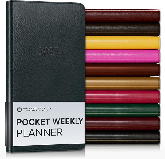 Gallery Leather Pocket Weekly Monthly Planner 2027, Elegantly Bound Calendar Planner and Notebook with Stylish Gold-Gilded Page Edges, 12 Months - Tremont Atlantic - 6x3.25"