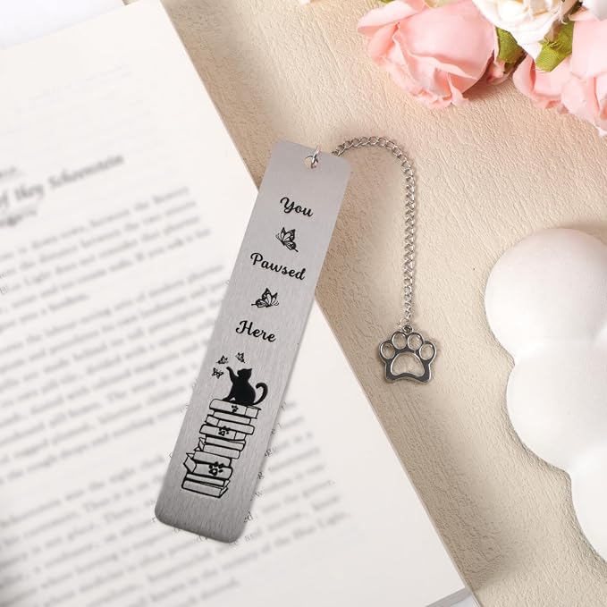 Cat Bookmark, Zinc Alloy Cute Funny Bookmark with Paw-Shaped Charm Pendant for Book & Cat Lovers Gifts Women Men Readers Teens Kids Girls Boys