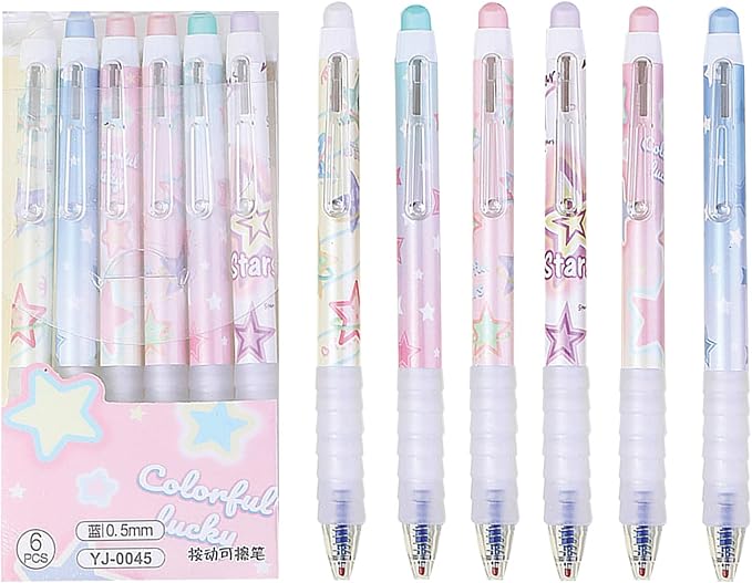 MOZXIRZ 6 Pcs Erasable Gel Ink Pens Retractable Pens 0.5mm Blue Ink Pen Office School Supplies Cute Aesthetic Pen (Blue Ink-Stars)