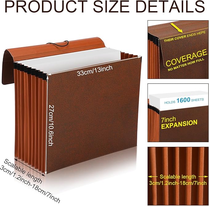 PerKoop 5 Pcs Expanding File Folder with Flap 7 Inch Expansion Expanding File Wallet with Elastic Cord Closure Letter Size Heavy Duty Document Organizer, 10 Slots, Brown