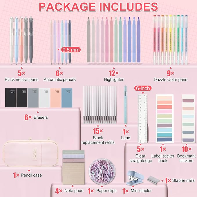 Eersida 74 Pcs Aesthetic School Supplies with Large Pencil Pouch 5 Ink Gel Pens 12 Highlighters 6 Mechanical Pencils 0.5mm 9 Color Pens 4 Note Pads Set for Student Stationary(Morandi,Bright Style)