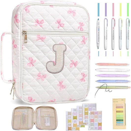 Personalized Initial Bible Cover Case for Women – Large Quilted Bible Bag with Handle, Chenille Letter, Bible Study Kit, Christian Gift for Mom, Grandma & Daughter (Pink Bow-J)