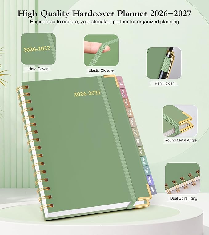 Academic Planner 2026-2027, Hardcover Weekly and Monthly Calendar Planner from July 2026 - June 2027, Daily Agenda Planners with Tabs, College School Organizer for Student Teacher, A5 (6.1" x 8.2"), Green