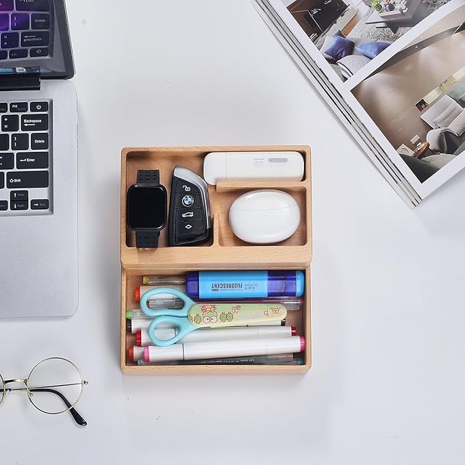 Valet Tray Box, Beech Wooden Storage Box with Magnetic Rotating, Office Desk Daily Supplies Organizer