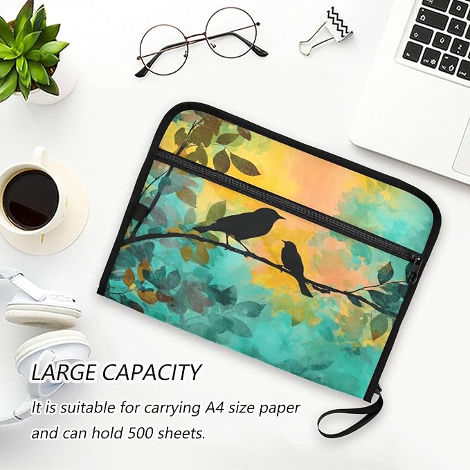 Black Bird Orange Green Accordion File Organizer Expanding Document Folder with 13 Pockets Portable File Folder for A4 Letter Size