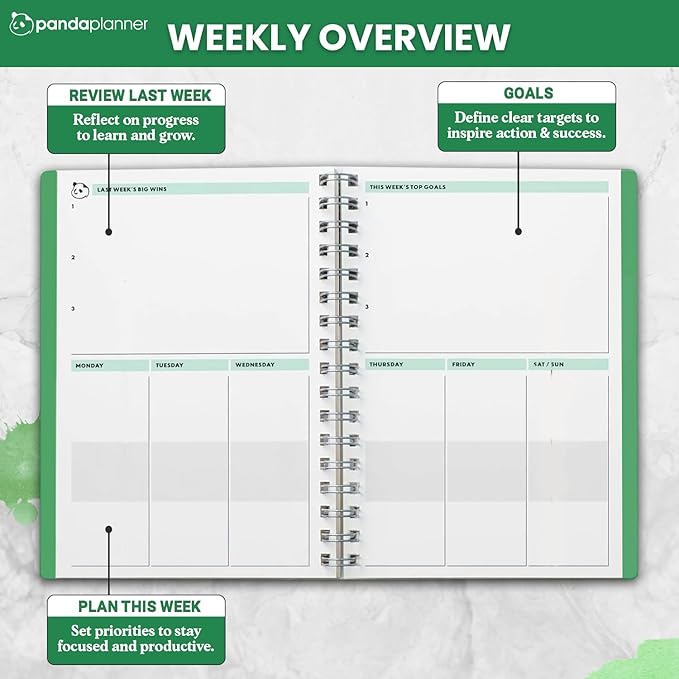 Panda Planner 2026 Undated Daily Planner 5.75" x 8.25" – 90-Day Spiral Productivity & ADHD Planner with Hourly Schedule, Habit Tracker, To-Do List & Monthly Calendar – Panda Journal for Home & Office (Green)