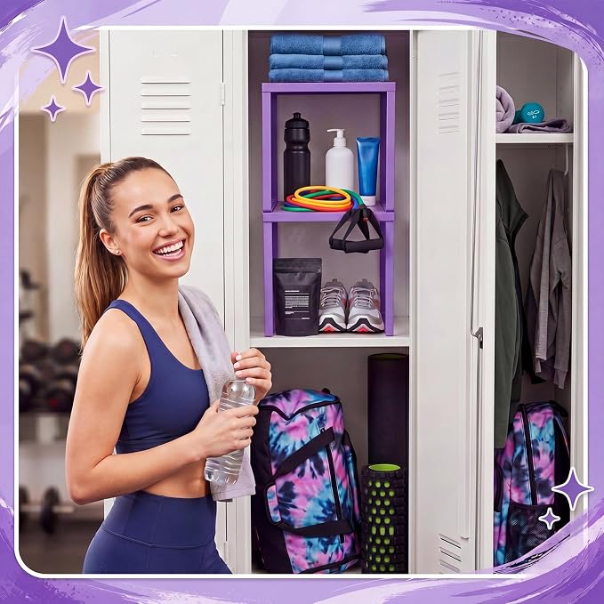 Colarr 2 Pcs Locker Organizer Shelf Stackable 2-Tier Shelves Fits Standard Size School Lockers Heavy Duty Metal Locker Shelf for School Office Gym Lockers Home Storage 11x 10 x 12 Inch(Purple)