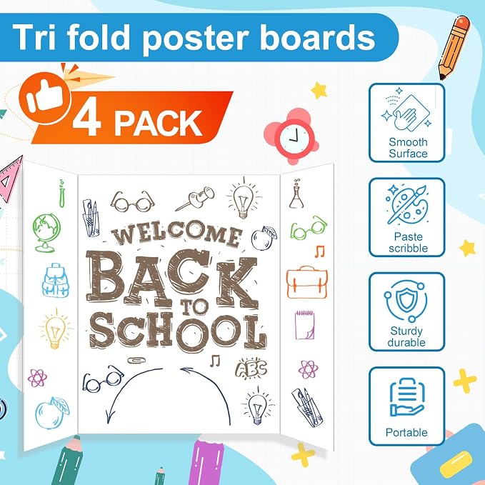 4 Pcs Medium Trifold Poster Board, 26" x 17" Presentation Board, with Double Sided Tapes and Cardboard, White Corrugated Project Boards/Science Fair/trifold Display Board for School Project