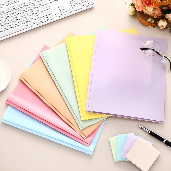 Cholemy 72 Packs Pocket Folders with Prongs Heavy Duty Plastic Folder with Business Card Slot 3 Prong Fasteners for School Office (Vibrant)