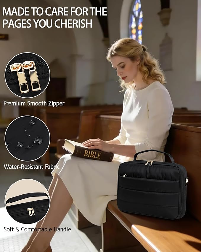 Bible Cover Case for Women, Large Quilted Puffer Bible Bag with Shoulder Strap, Womens Book Carrying Case for Church, Cute Bible Carrier Study Supplies Gifts for Christian Lady, Black