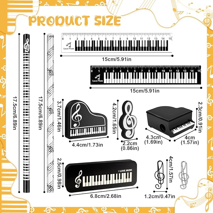 30 Pcs Music Pencil Stationery Set Back to School Gift Piano Prizes Music Note Pencil Paper Clips Rulers Piano Pencil Sharpeners Erasers Music Themed Gifts for Classroom First Day of School