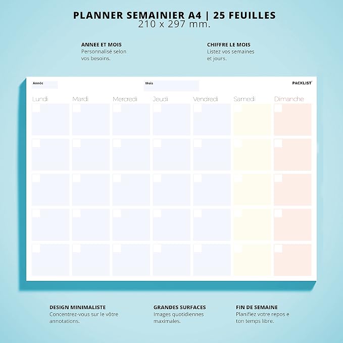A4 Monthly Planner in FRENCH - Organizer & Perpetual Calendar - Planner with 25 Sheets. Exclusive and Ecological Design, 100% Paper.