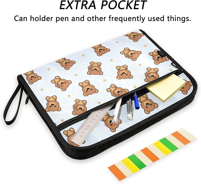 Cute Brown Bear Cartoon File Folders,Plastic Folders with 13 Pockets,Expandable File Folder for Documents School Students Office,Aesthetic Folder with Labels A4 Letter Size