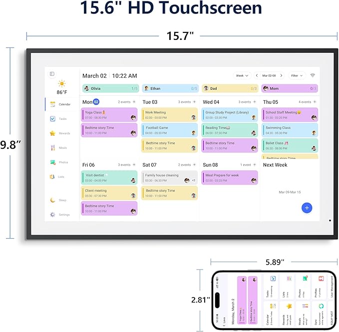 Digital Calendar, 15.6 Inch Wall Planner Electronic Calendar & Chore Chart, Smart Touchscreen Interactive Display for Family Schedules, Great for Organizing Your Routines, Wall & Desk Mountable
