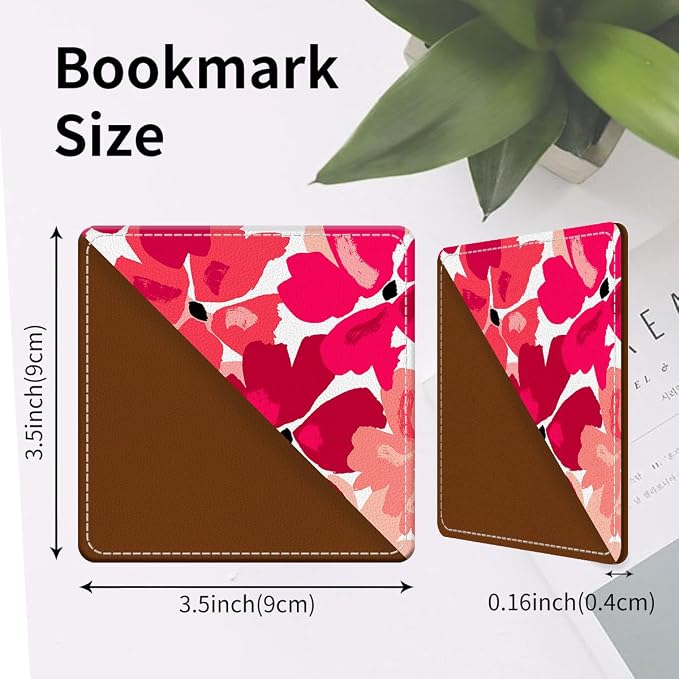 Cute Leather Bookmarks, Fun Triangle Making Corner Bookmark, Book Accessories for Reading Book Lovers, Unbreakable Page Markers for Women Men Pink Red Flower