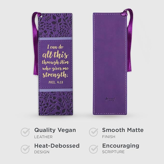 Christian Art Gifts Inspirational Premium Vegan Leather Scripture Bookmark for Women: I Can Do All This Encouraging Bible Verse, Satin Ribbon Tassel for Reading, Heat-Debossed, Purple Floral & Gold