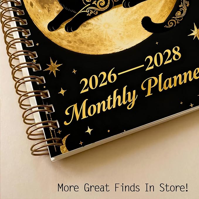 1Pc Black & Golden 2026-2028 Planner Gold Cat Tarot Spiral Gothic Moon Phase Diary, A5 Monthly Calendar & Undated Notebook, Witchy Gift for Cat Lovers