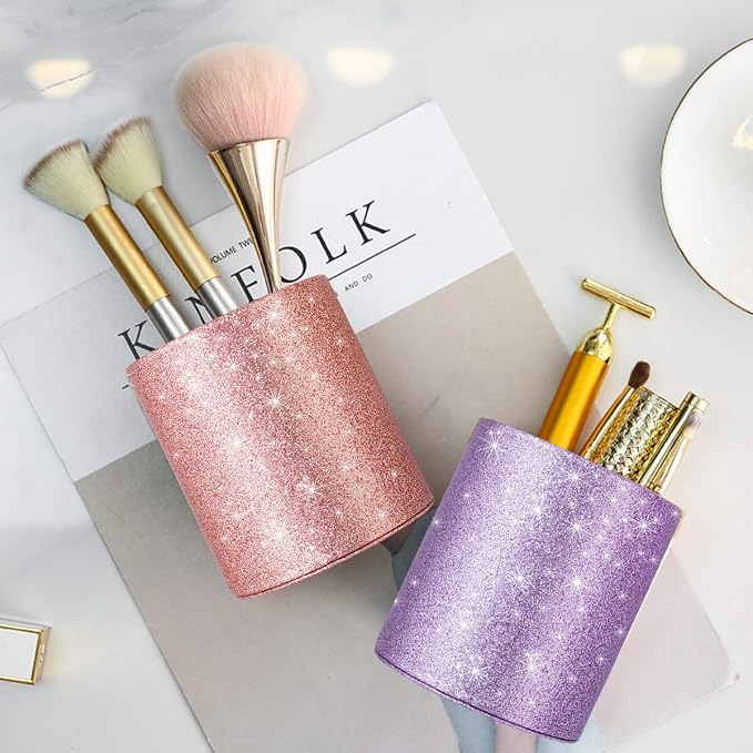Pen Holder for Desk, Pencil Cup Pink Glitter Bling for Women Girls, Luxury Makeup Brush Holder Large Pu Leather Multi-Functional Organizer Cup for Office, Classroom, Home, Rose Gold