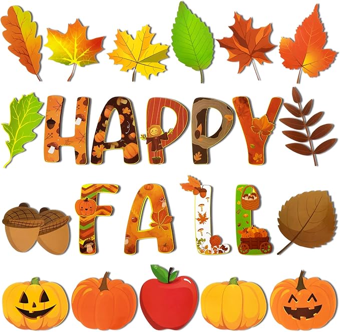 Marspark 68 Pieces Thanksgiving Classroom Decoration Fall Bulletin Border Decoration Pumpkin Maple Leaves Turkey Paper Cutouts Thanksgiving Wall Decor for Autumn Harvest Party School Home Windows