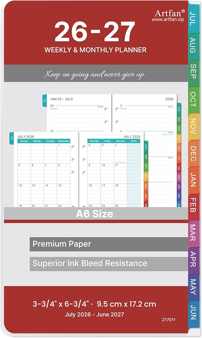 2026-2027 Planner Refills - Planner Refills 2026-2027 from JULY 2026 - JUNE 2027, Weekly and Monthly Calendar 26-27, 3.75 x 6.75 inch, 6 Holes, A6 Size - Red
