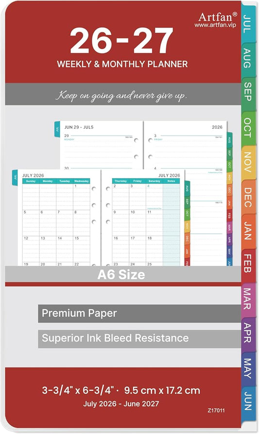 2026-2027 Planner Refills - Planner Refills 2026-2027 from JULY 2026 - JUNE 2027, Weekly and Monthly Calendar 26-27, 3.75 x 6.75 inch, 6 Holes, A6 Size - Red