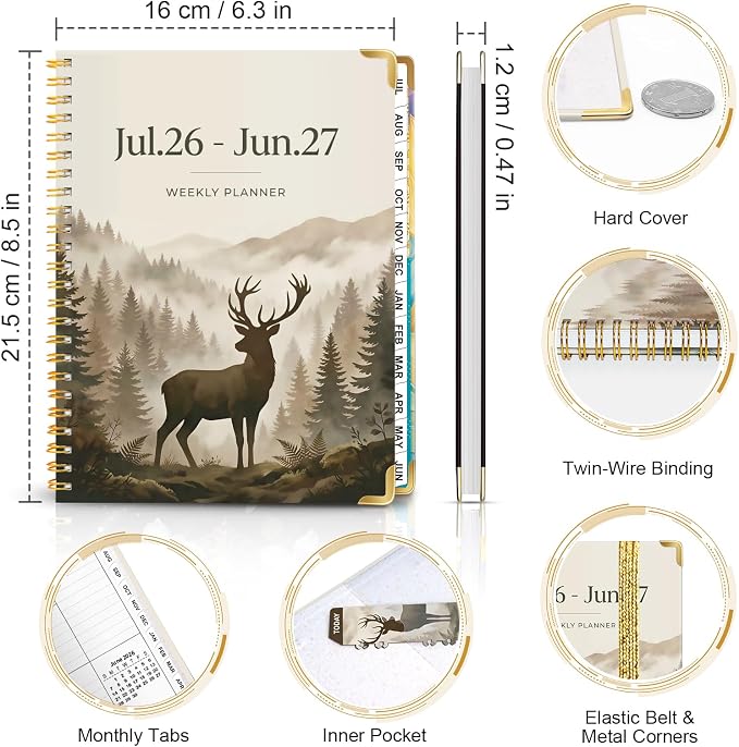 2026-2027 Planner, Weekly and Monthly Academic Planner, Jul 2026-Jun 2027, 6.3" X 8.5", Hardcover Planning Agenda Book with Bookmark, Perfect for Home, Office, Students & Busy Professionals, Elk