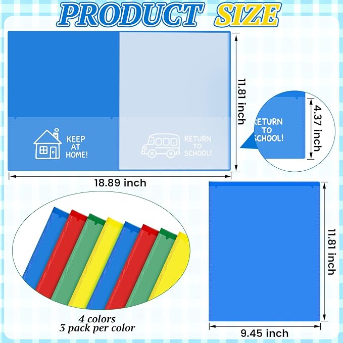 12 Pcs Take Home Folders for Elementary Students,Back to School 2 Pocket Folders with Clear Front Pocket 4 Inner Pockets,Plastic Parent Teacher Communication Folder 11.81 x 9.45 Inch (Mixed Color)