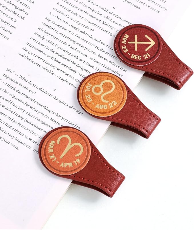 3 PCS Leather Magnetic Bookmark Clips, Zodiac PU Leather Bookmarks for Book Lovers, Full Set of Book Clip Accessories, Fire Sign