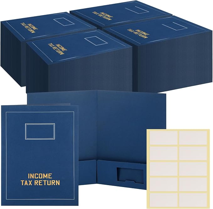Kisston 100 Pcs Tax Return Folders Bulk 2 Pocket Gold Foil Stamped Income Tax Folders with Labels Business File Office Blank Organizer (Blue)