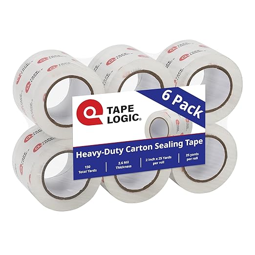 Tape Logic Heavy Duty Packing Tape with Dispenser (6 Refills) – 2.6 Mil Thick Clear Shipping Tape, 2 in x 25 yd – Strong Industrial Adhesive for Moving Boxes, Mailing, & Shipping Packaging