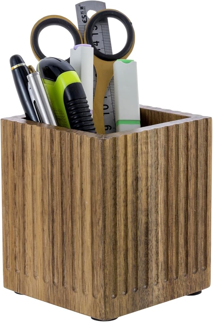 MyGift Premium Acacia Solid Wood Pen Pencil Cup with Textured Fluted Design, Desktop Wooden Office Supply Organizer Holder