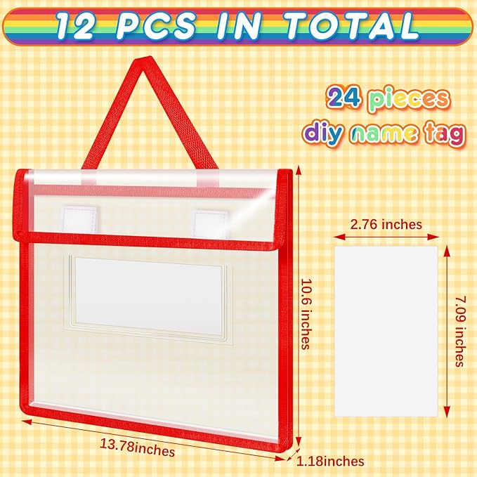 Teling 12 Pack Thick Clear Book Pouches with Blank Name Tags and Handles Book Baggies Bags Bins Organizer for School Classroom Library Pockets Students (14 x 11 Inch,Stylish Color)
